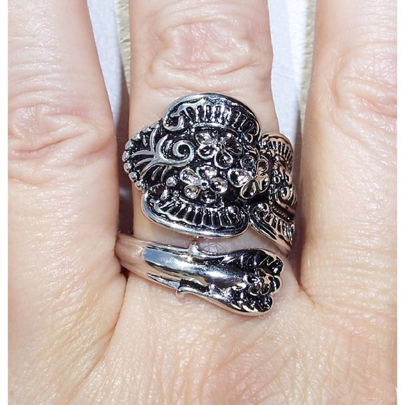 925 STERLING SILVER Flowers Spoon Ring - Picture 3 of 16